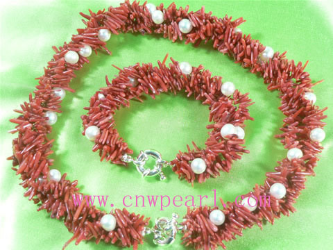 red coral and white pearl twisted necklace&bracelet jewelry set